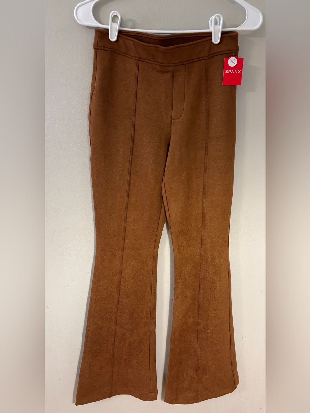 NWT SPANX Fall Faux Suede Flare Pants Petite Small Rich Caramel Pull-On Shaping